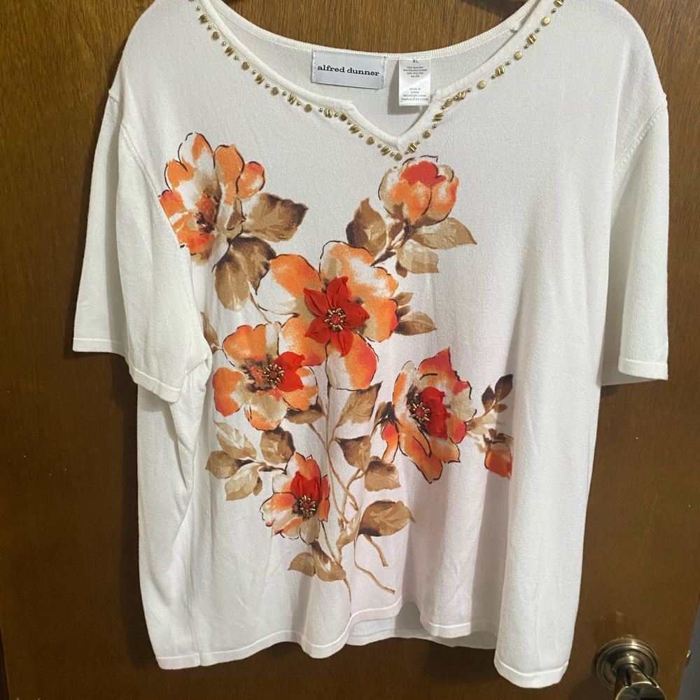Alfred Dunner Floral White Sweater Knit with Orange and Brown Accents